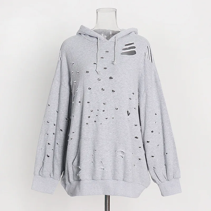 ZAMOR Women's 2026 Summer New Fashion Loose Pullover Top Unique Design Sense Long Sleeve Distressed Hoodie Sweatshirt