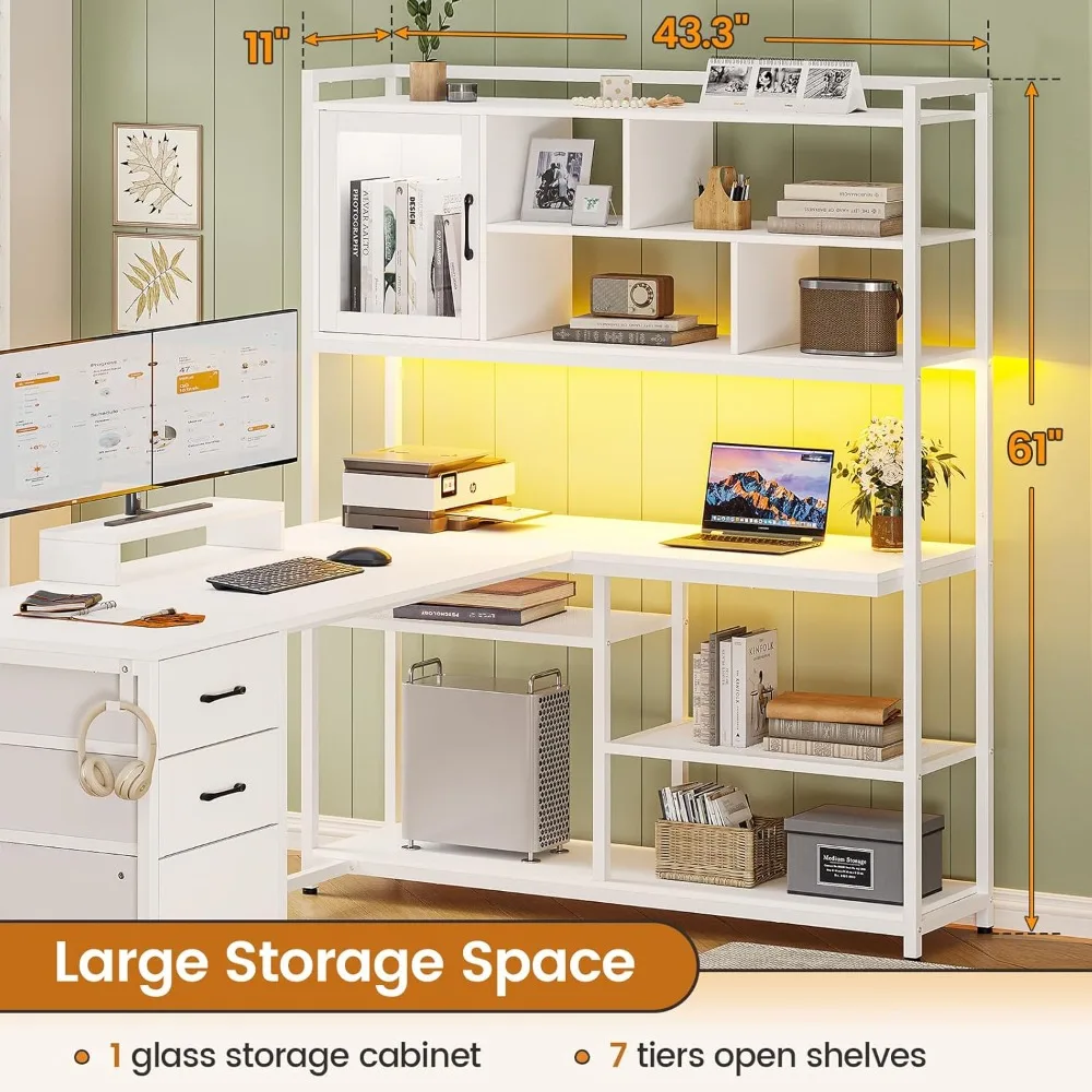 L-Shaped 58 Computer Desk with Storage Drawers and Bookshelf, featuring LED Lighting