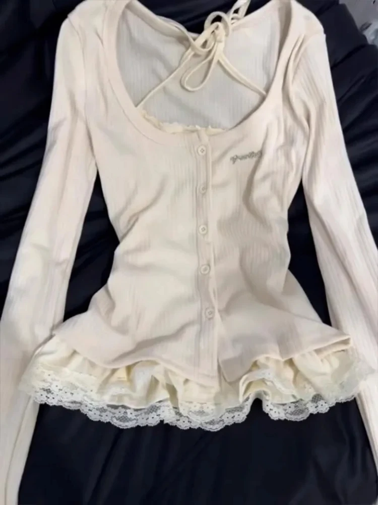 Y2K Korean Hottie Retro Fake Zweiteiliges Set Spitzenspleiß ​ ​ Langarm Slim Fit 2000er Street Temperament Design Damen T-Shirts