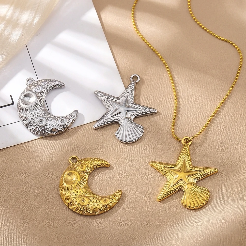 304 Stainless Steel 18K Gold Star and Moon Pendant, Ocean Series DIY Cross-Border Necklace Creative Jewelry Accessories