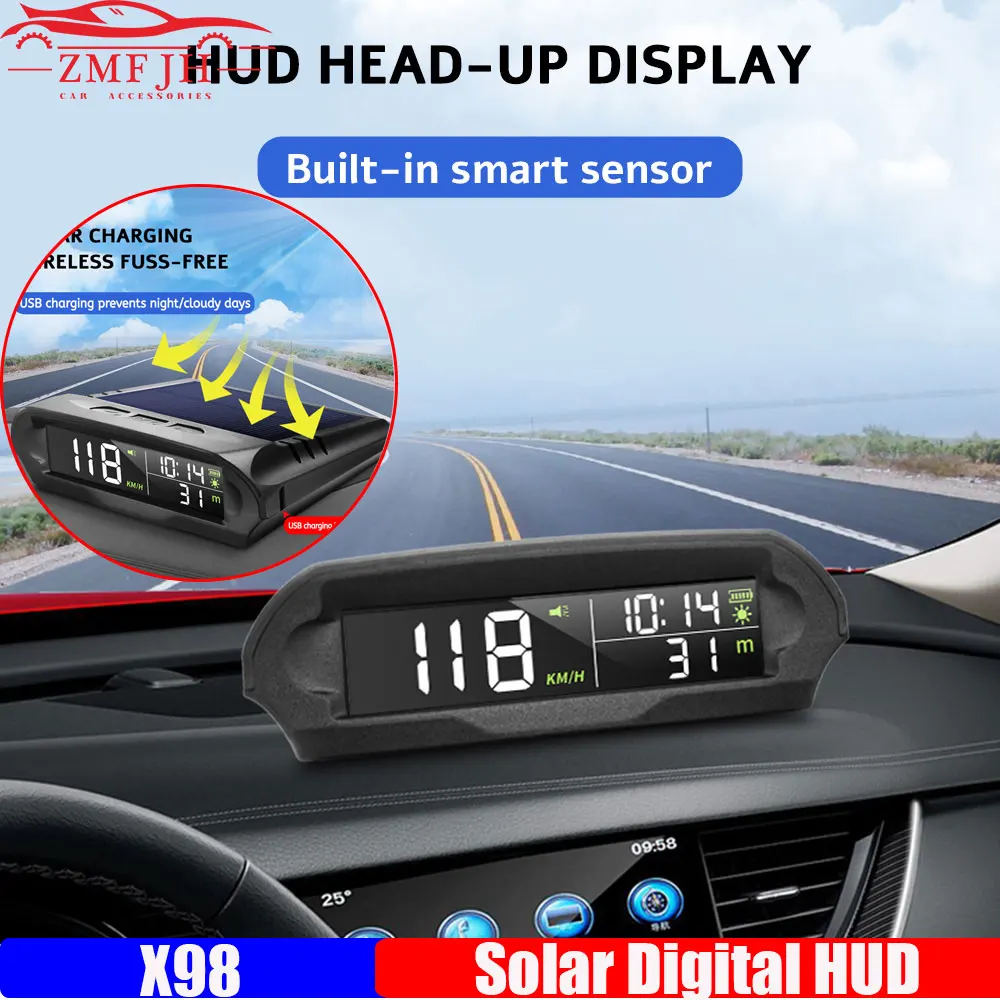 

X98 HUD на солнечной батарее для всех автомобилей, беспроводной дисплей с отображением показаний головы, зарядка от солнечной батареи, цифровой GPS Спидометр, превышение скорости, сигнализация расстояния, высоты