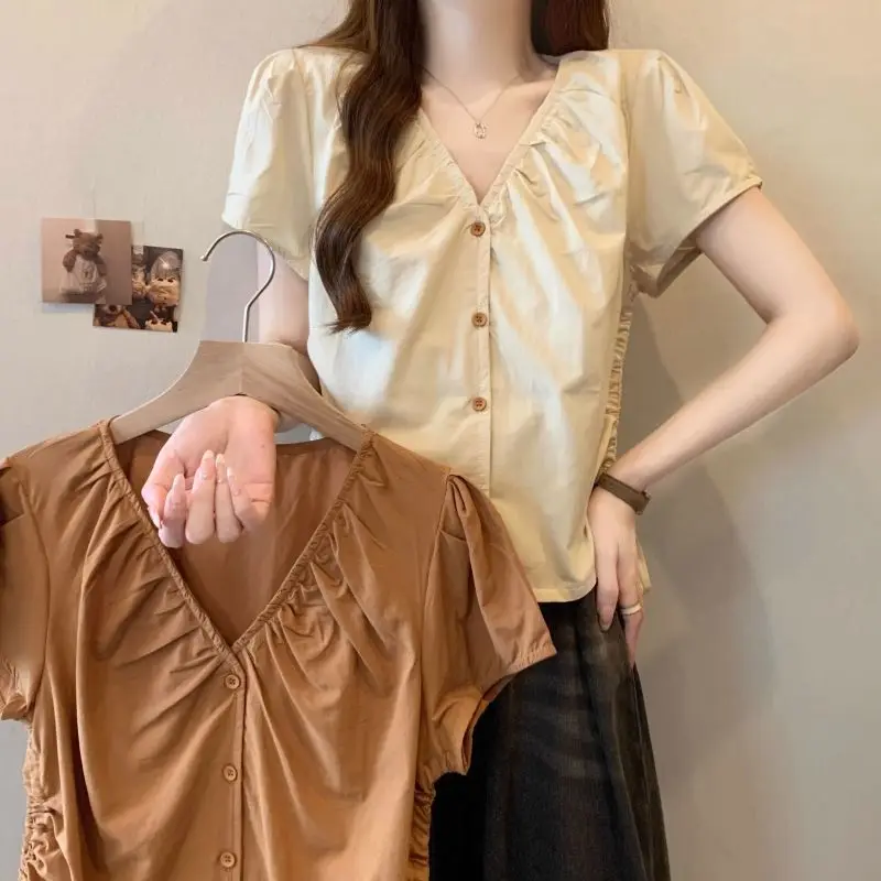 V Neck Solid Drawstring Button  Blouse Short Sleeve Simplicity Sweet Shirt Tops Summer Fashion Trend Summer Women Clothing