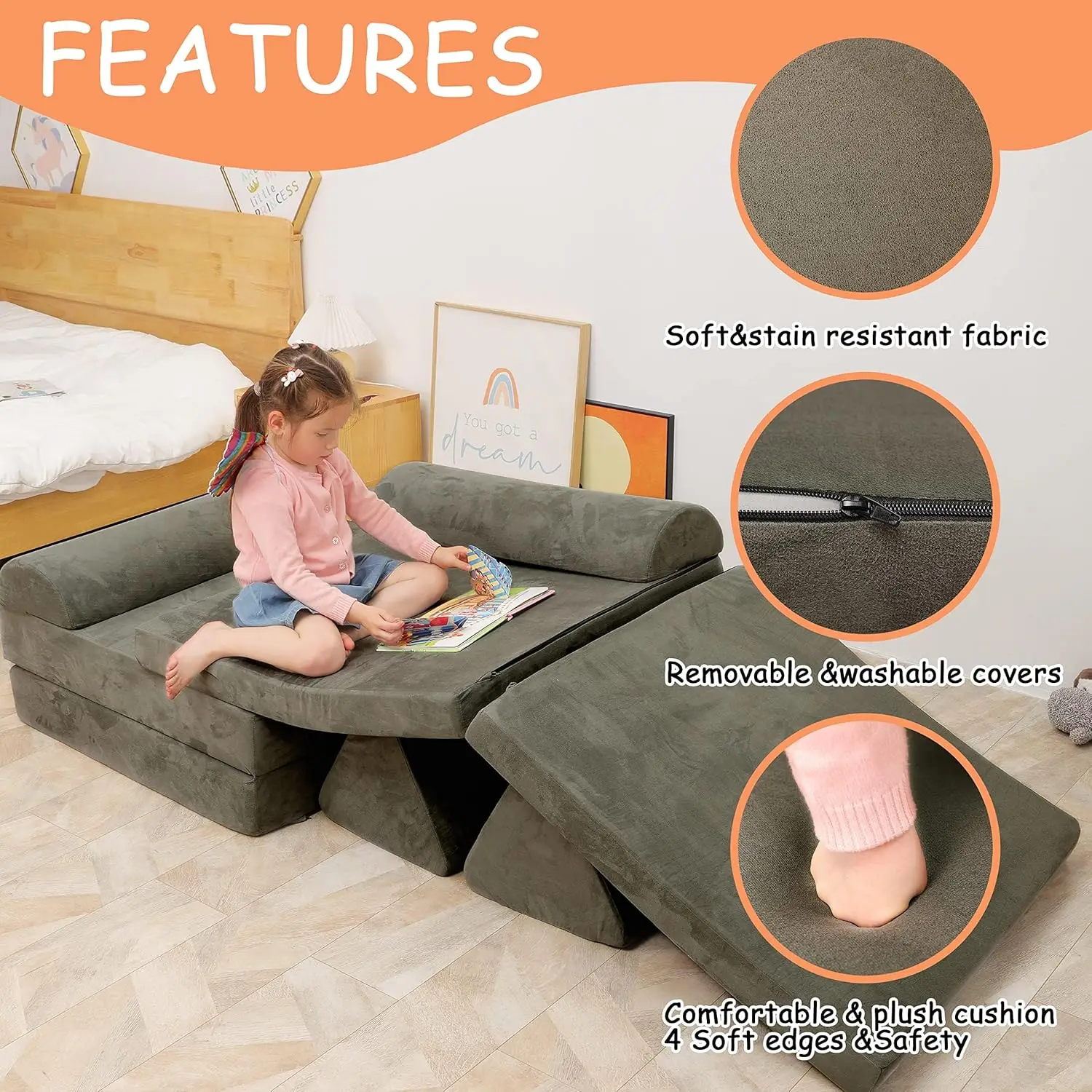 أريكة لعب معيارية كبيرة للأطفال، وسادة فورست إسفنجية، منزل دافئ باللون الرمادي الفحمي