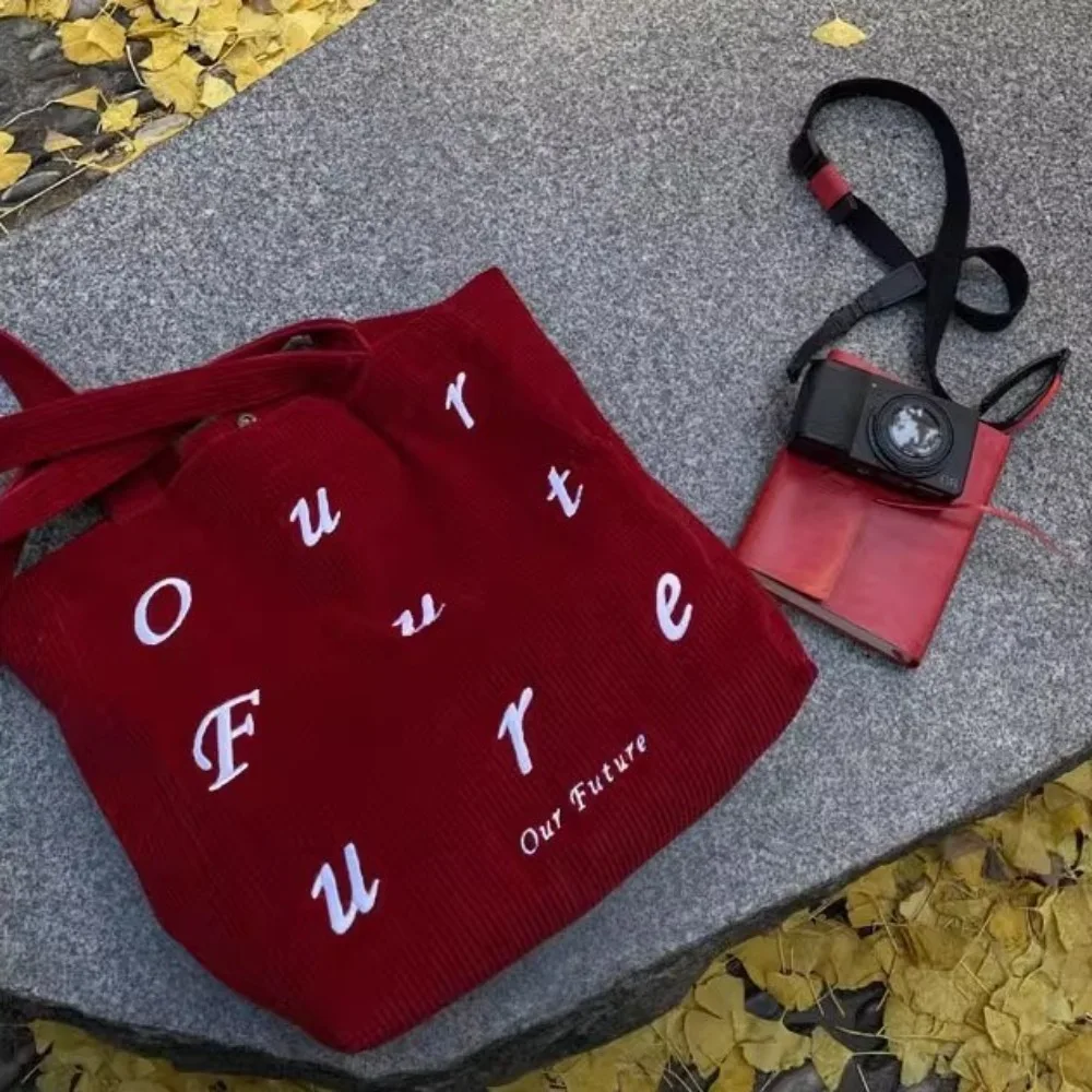 

Модная Вельветовая женская сумка, вместительная сумка-тоут с вышитыми буквами для девочек, красная повседневная школьная сумка для покупок