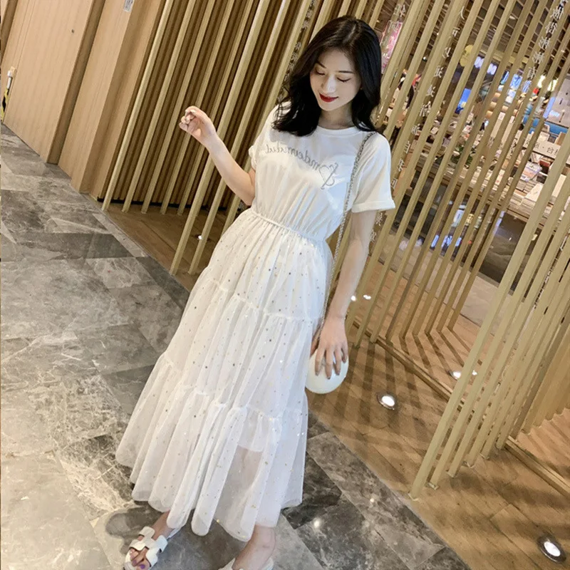 Women Casual O-neck T-shirt Style Dresses Summer Vintage Style Female Solid Color Mesh Long Dress Vacation Beach Vestidos