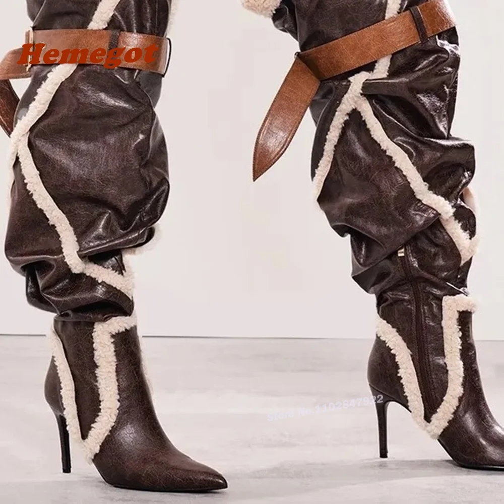 Patchwork Plush Leather Over The Knee Boots Pointy Toe Stiletto Heels Belt Buckle Women\'s Long Boots Winter Brown Runway Shoes