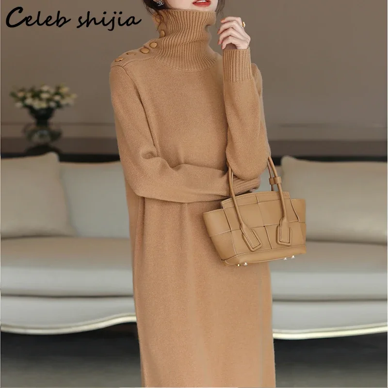 Single Breasted Woolen Dress Woman Tall Neck Autumn Winter Knit Dress Vestido Office Lady Korean Elegant Long Sweater