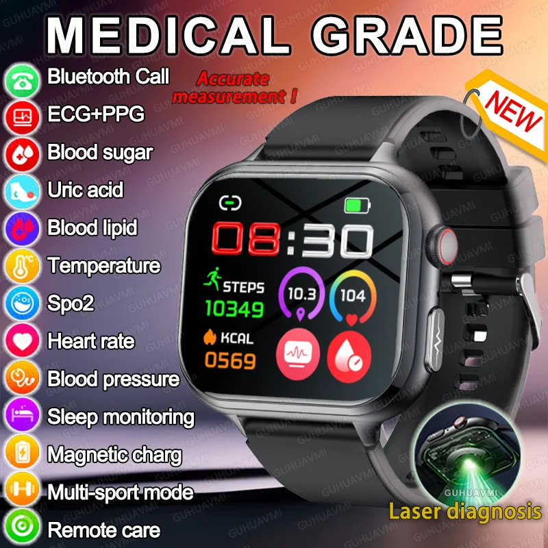 2025 New ECG+PPG Laser Diagnosisr Smart Watch Men Uric acid Blood lipid BP Three high Laser diagnosis Health cure Smartwatch