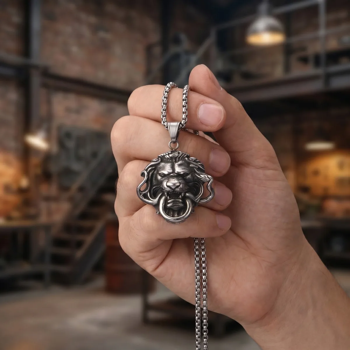 Vintage Heraldic Silvery Plated 316L Stainless Steel Lion Door Knocker Head Pendant Necklace Men Streetwear Jewelry