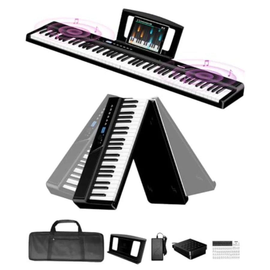 

Foldable 88 Key Weighted Keyboard Piano with 2×15W Speakers Touch-Sensitive Panel Video Audio Recording Headphone MIDI Pedal Su