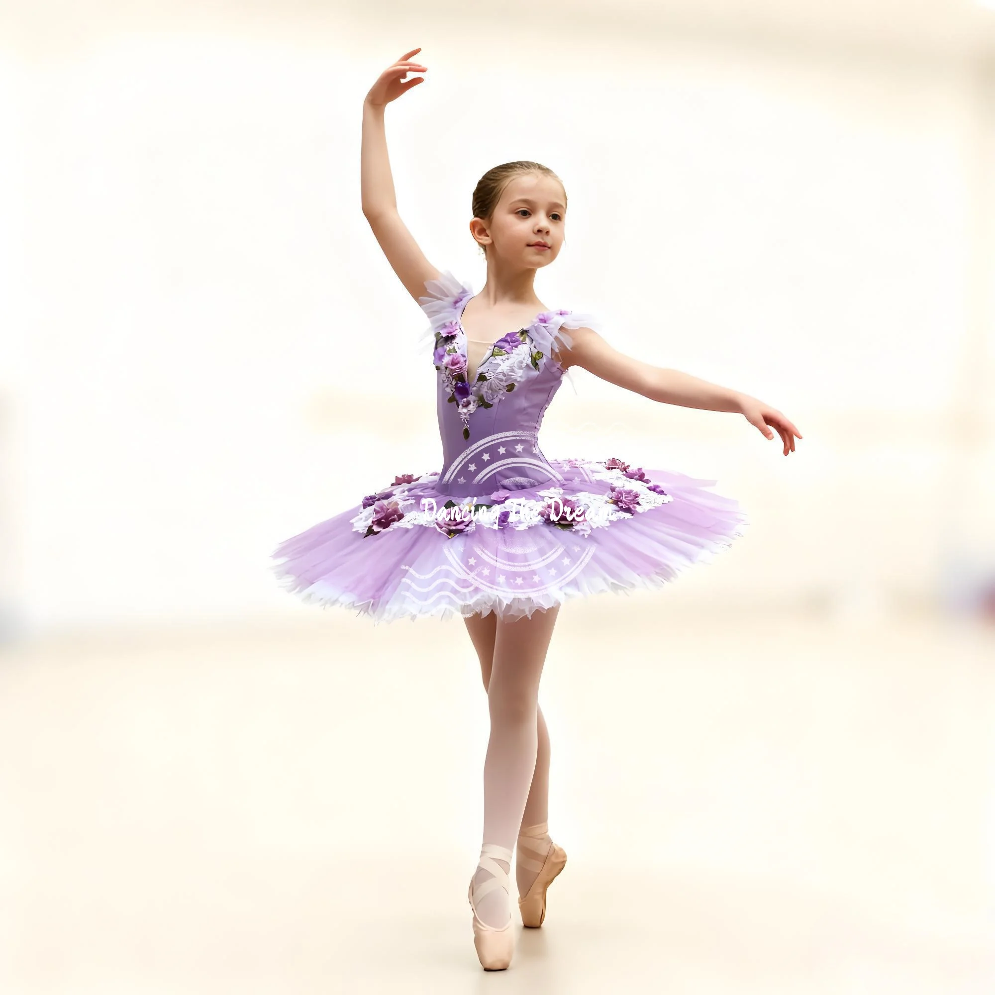 فستان باليه توتو مزين بالزهور من الخزامى للفتيات، زي رقص أنيق مع تنورة من التول الناعم