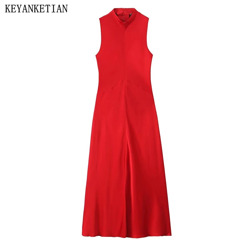 

KEYANKETIAN 2024 New Women's Satin Texture Sleeveless MIDI Dress Fashion Simply Back Zipper Slim Red Patchwork A Line Dresses