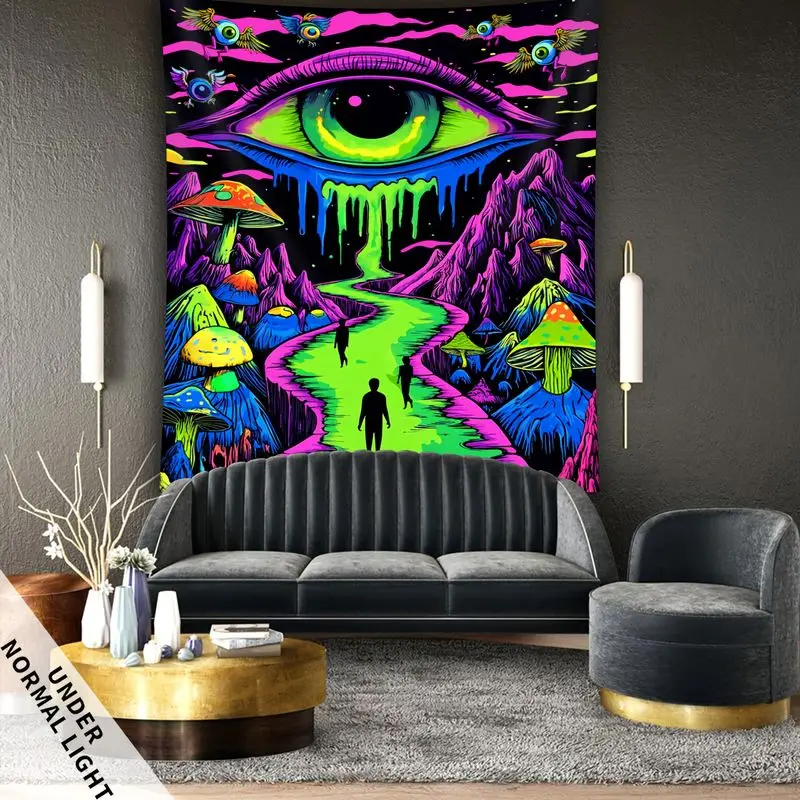VIKAMA Blacklight Eye Tapestry Neon Green Psychedelic Path Mountain Mushroom Wall Hanging UV Trippy Surreal Art Decor