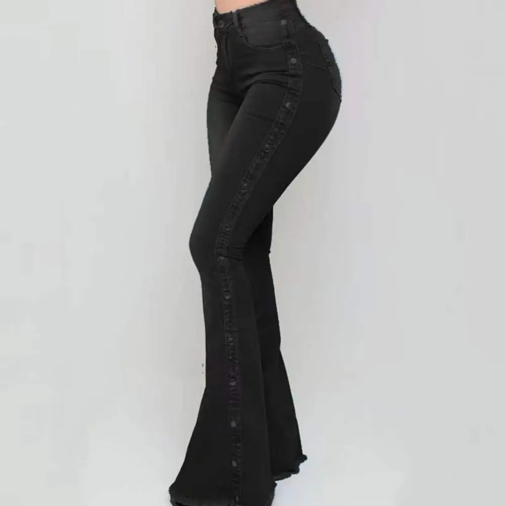 Chic Flared Pants Floor Length Multi Pockets Skin-Touch Rivet Decor Wide Leg Flare Denim Pants  Flare Jeans Elastic