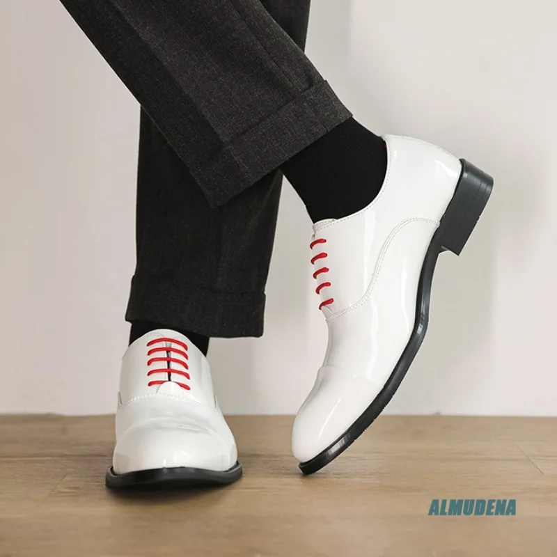 

White Patent Leather Men's Oxford Shoes Red Contrast Laces Urban Elegant Minimalist Wedding Prom Party Business Dress Shoes