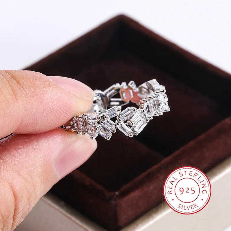 Simple European and American Style Geometric White Square Diamond Super Shiny Zircon Ring Light Luxury All-match Design