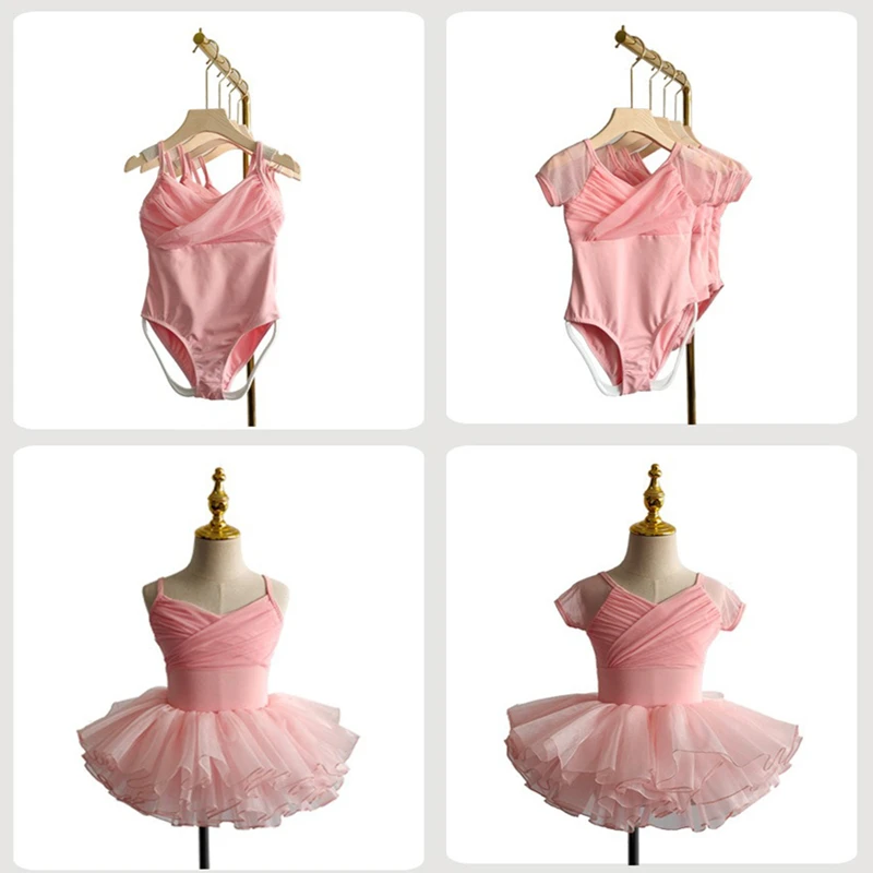 Girls Ballet Leotard Skirt Toddler Short Sleeve Back Hollow Pink Bodysuit Spliced Gauze Removeable Tutu Dress Set Training Dance