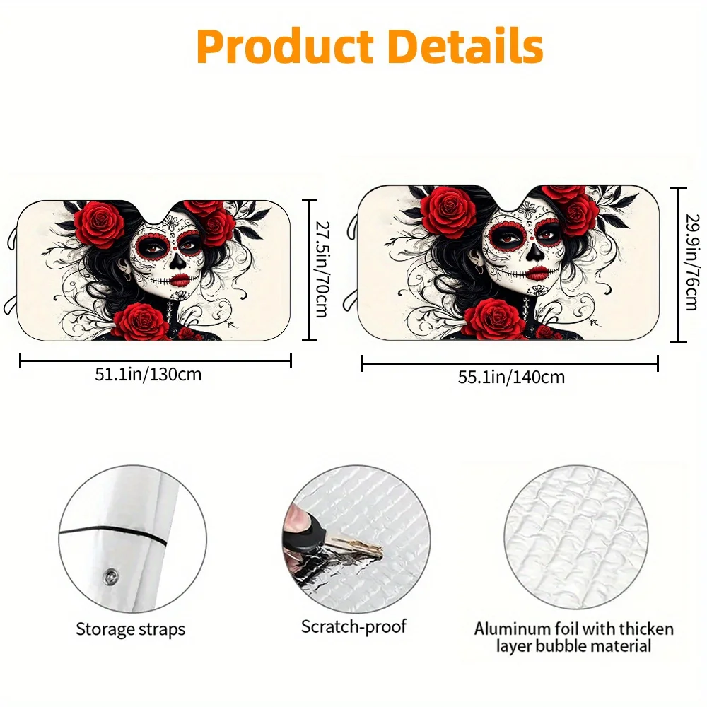 1pc Car Sunshade, Rose Skull Makeup Car Sun Visor, Front Windshield Sunshade, HD Printed Sunshade, Easy To Install, Suitable For