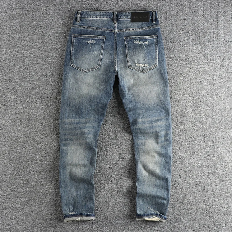 2024 New Retro Washed Hole & Patch Jeans Men's High Street Fashionable Slim Fit Skinny Handsome Cool Trousers