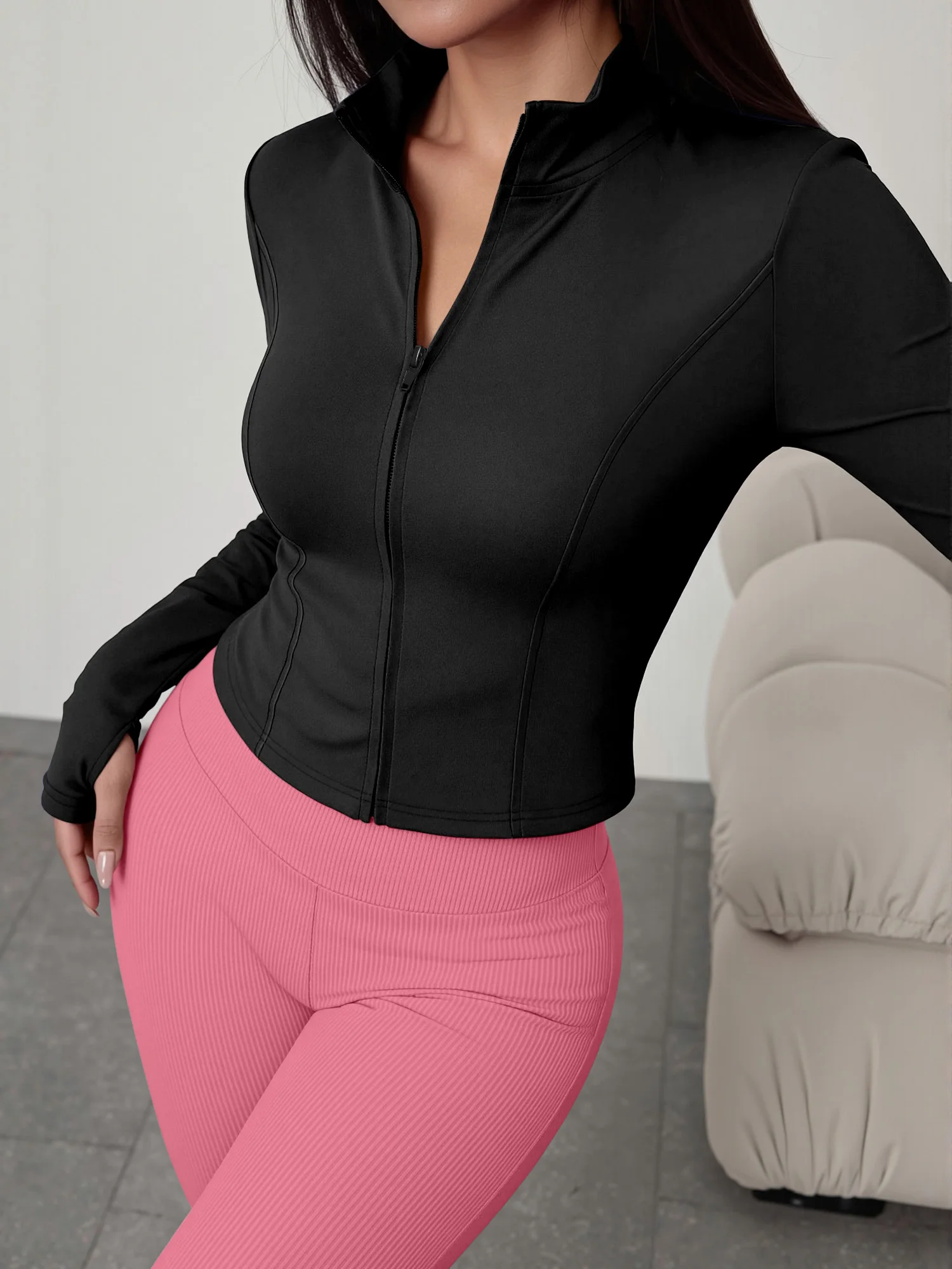 European American Women Ribbed Knit Two Piece Set, Long Sleeve Zip Top With High Waist Flare Pants, Casual Slim Daily Outfit