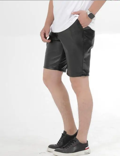 Men's Sexy Slim PU Leather Shorts ，Fitness Sports Punk Style Elastic Colored Shorts ，Knee Length Leather Pants