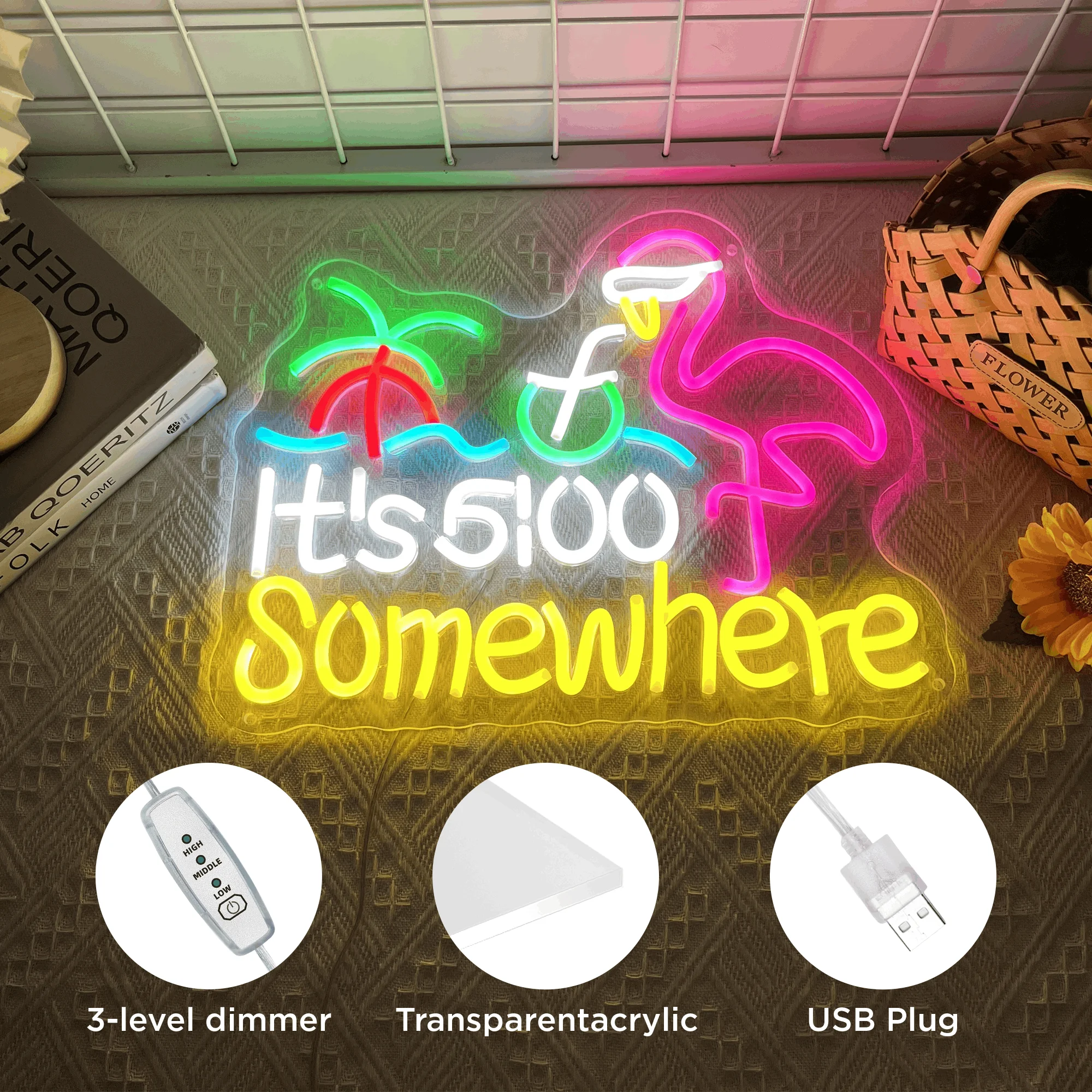 It's 5:00 Somewhere Neon Sign Tiki Bar Wall Decoration Restaurant LED Neon Light Hang Metal Chain Sign Bar Pub Shop Bistro