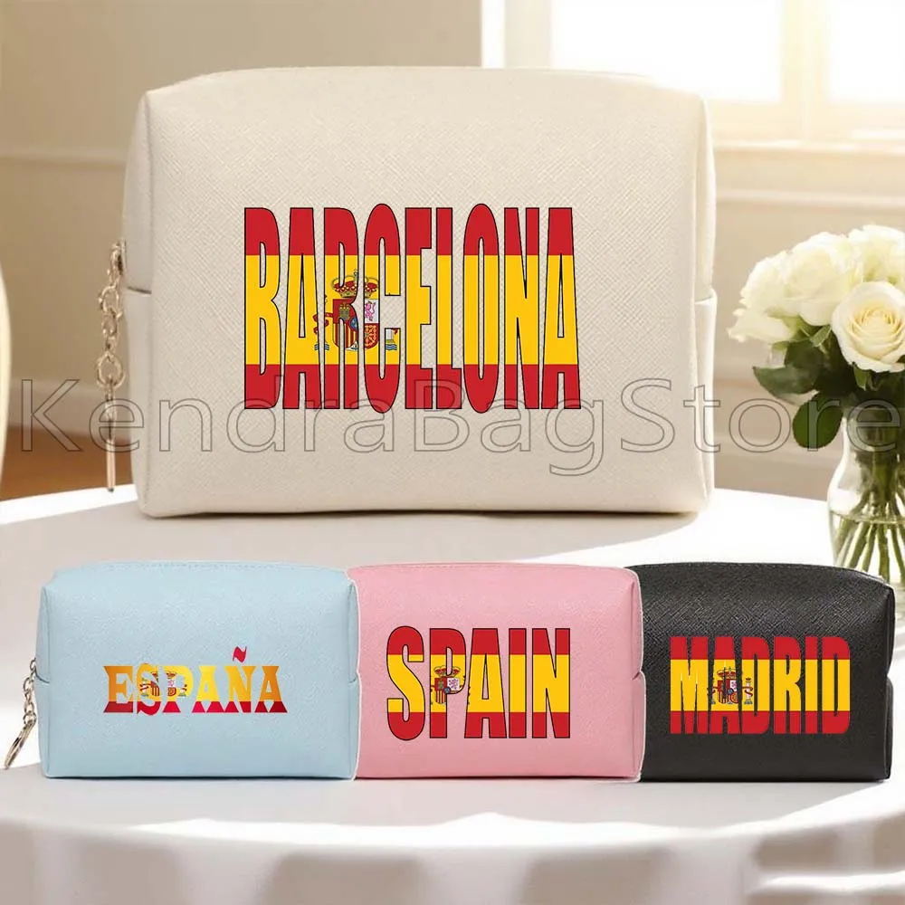 

Madrid Barcelona Spanish Roots Espana Spain Flag Spanish PU Leather Cosmetic Bag Pouch Women Makeup Case Waterproof Storage Bag