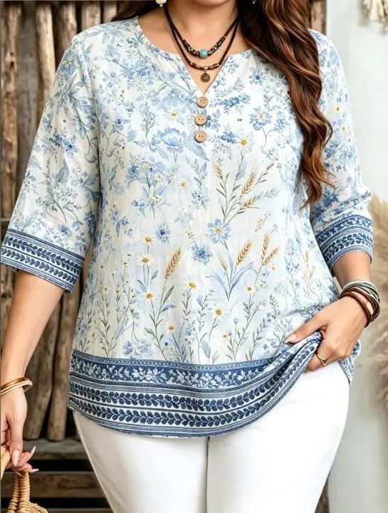 Women Blue White Porcelain Print Blouse Oriental Floral Bamboo V Neck 3/4 Sleeve Casual Tops
