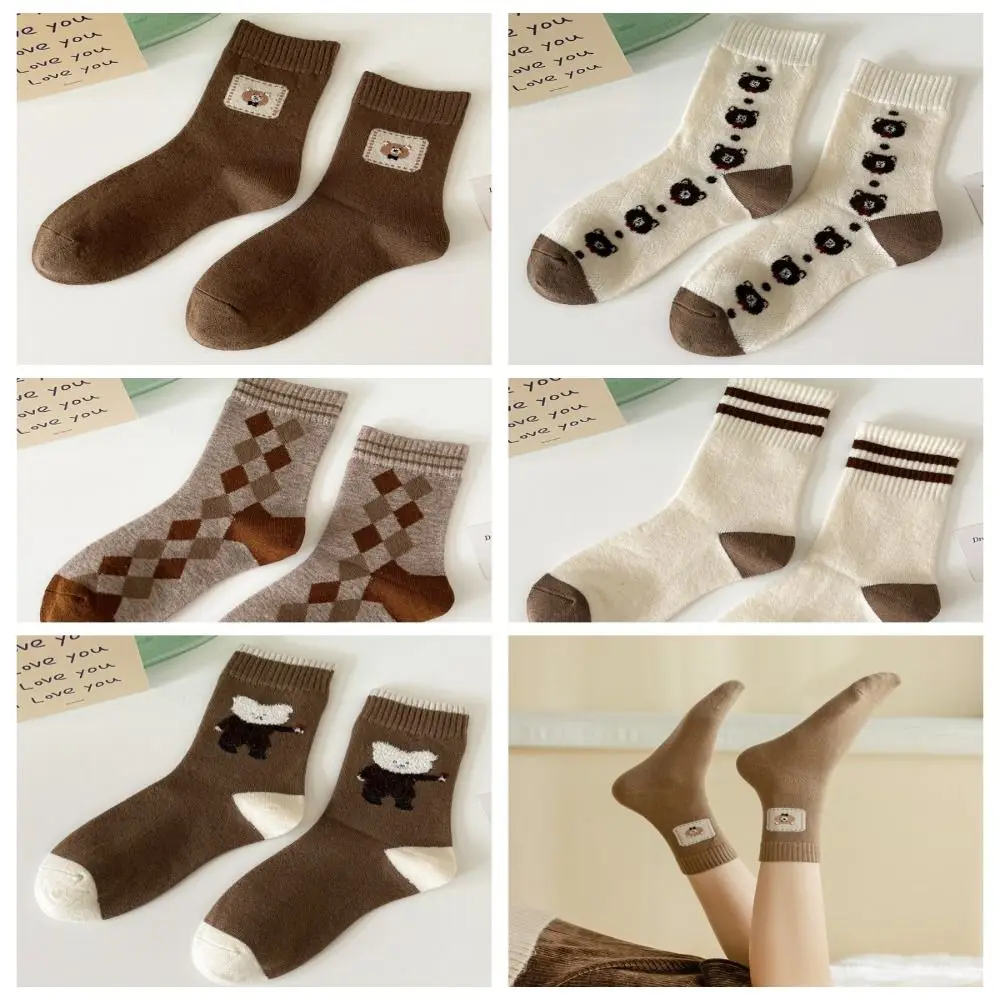 

Women Winter Socks Bear Korean Style Knitting College Style Hosiery Short Socks Warm Maillard Style Socks Outdoor