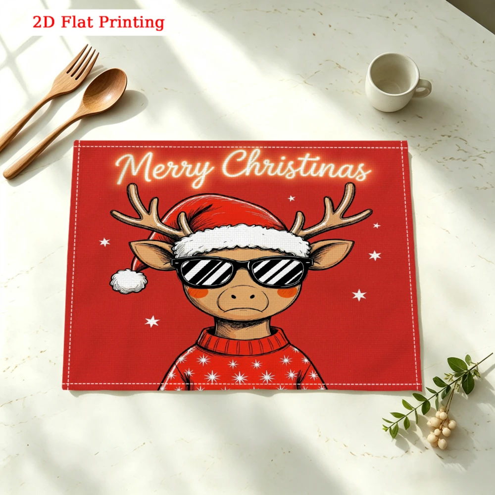 Merry Christmas Reindeer Sunglasses Sweater Kitchen Placemat Coaster Linen Pad Dish Coffee Cup Table Mat 30x40cm Home Decor