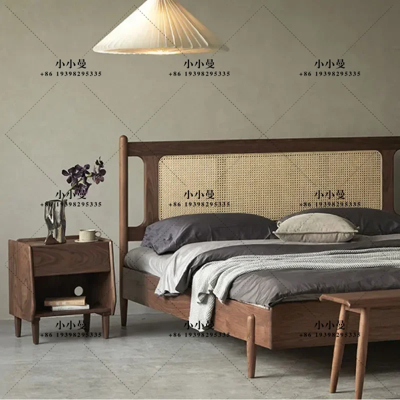 North American Black Walnut Full Solid Wood Bed with Rattan Headboard Retro Style Single Double Queen Size Master Bedroom