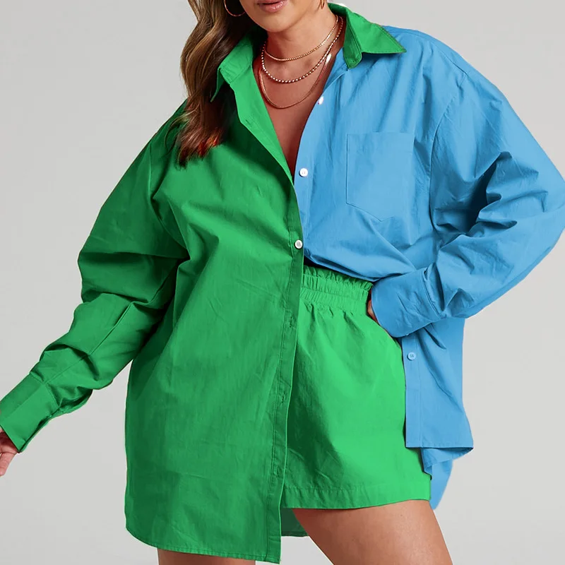 Camisetas con bolsillos de Color liso para mujer, Tops de manga larga con botones, pantalones cortos de cintura alta, conjunto de dos piezas informal a la moda de verano
