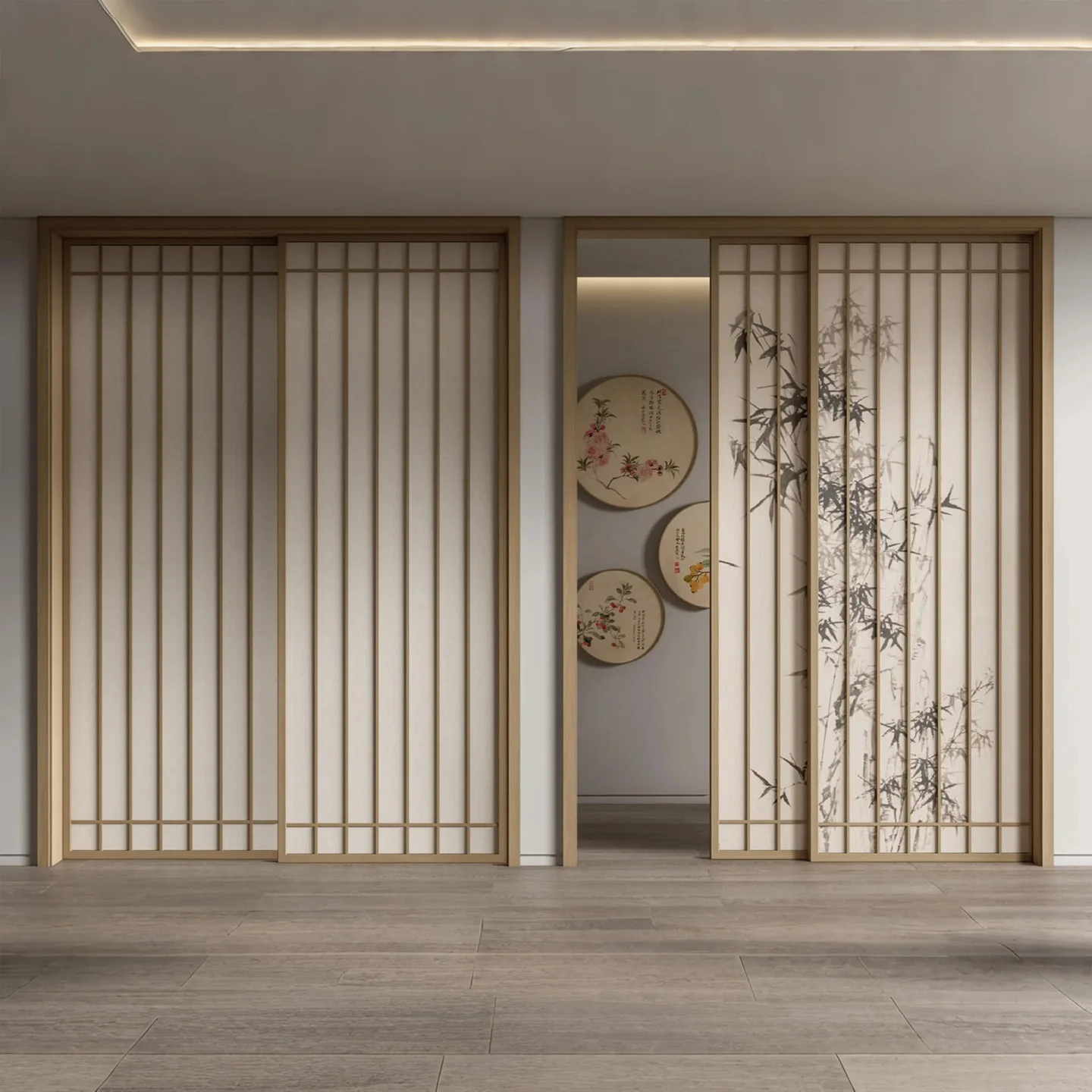 أبواب منزلقة شبكية مخصصة بنمط الخشب الطبيعي، أبواب غرفة على الطراز الياباني، أبواب منزلقة من حصير التاتامي، أبواب قابلة للطي، أبواب منزلقة من الخشب الصلب