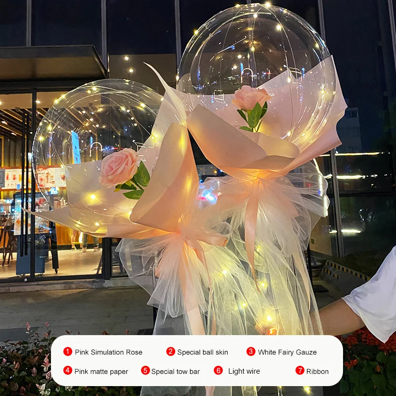 Handle LED Helium Bobo Balloon with Sticks, Luminous Transparent Balloons, Birthday and Wedding Party Decorations, LED Light Bal