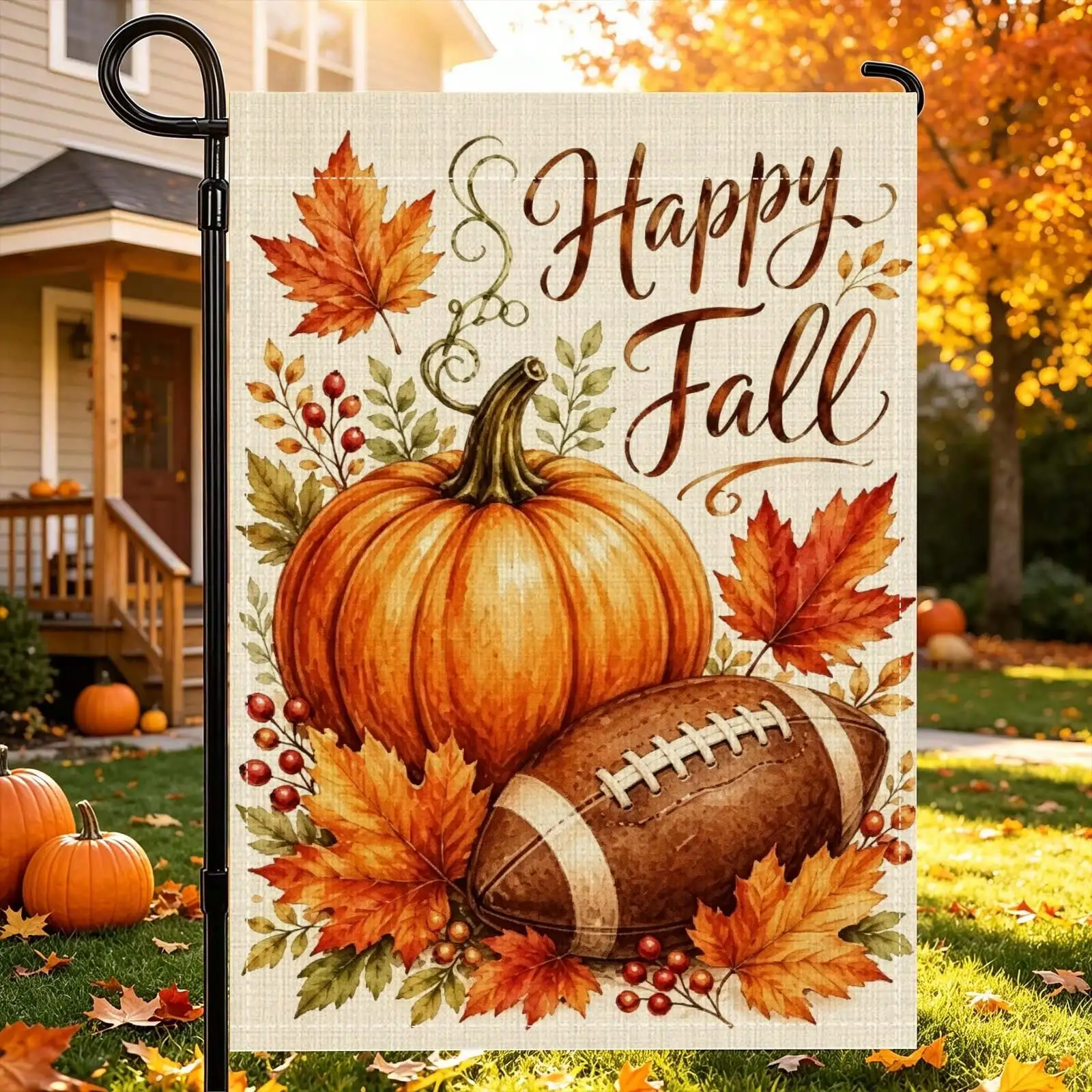 1/2/3pcs Happy Fall Pumpkin Football Garden Flag,12X18Inch Double‑Sided 2D Flat Print,Fall ‑Texture Pumpkin Football Maple Leaf Happy Fall Art For Patio Decor,No Poles Included,Thanksgiving & Christmas Gift