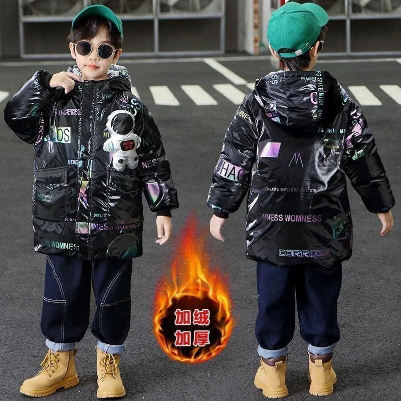 Boys Padded Long Jackets -30℃ Winter Kids Print Mid-Length Warm Coat Cold Protection Hooded Cotton Parka Outerwear 5-12 Years