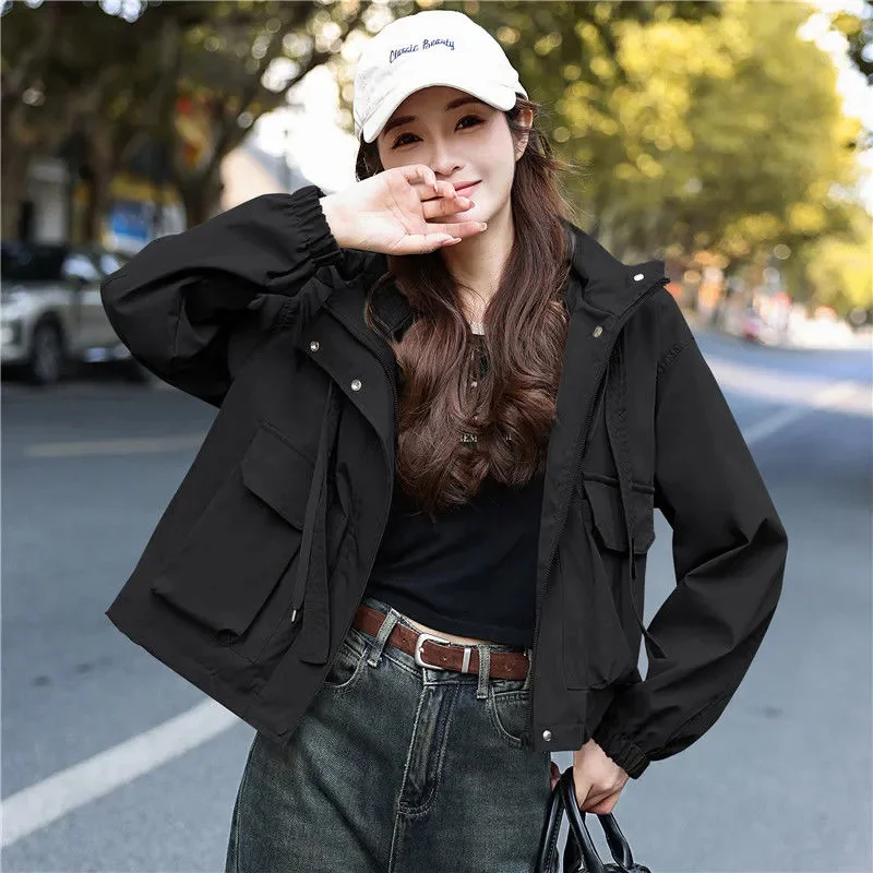 Little Jacket Women's Spring Autumn 2025 New Short Coat Windbreaker Casual Loose Tooling Outerwear Hooded Female Outcoat Tops