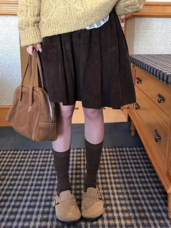 

Женская винтажная вельветовая юбка трапециевидной формы больших размеров с высокой талией, свободная посадка, модный многослойный осенне-зимний сарафан