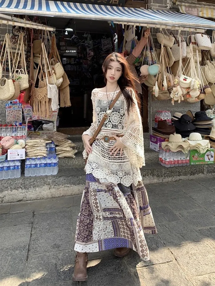 Bohemian Vacation Style Women's Knitted Ice Silk Sunshade Cover up Hollow out A-Line  Skirt High Waist Summer Outfit