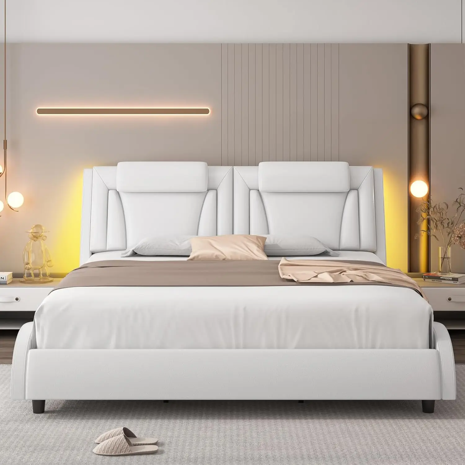 Keyluv-Estofados Plataforma Bed Frame, cabeceira LED ajustável, Couro PU, Onda-Like Curva projeto, Sólida de madeira