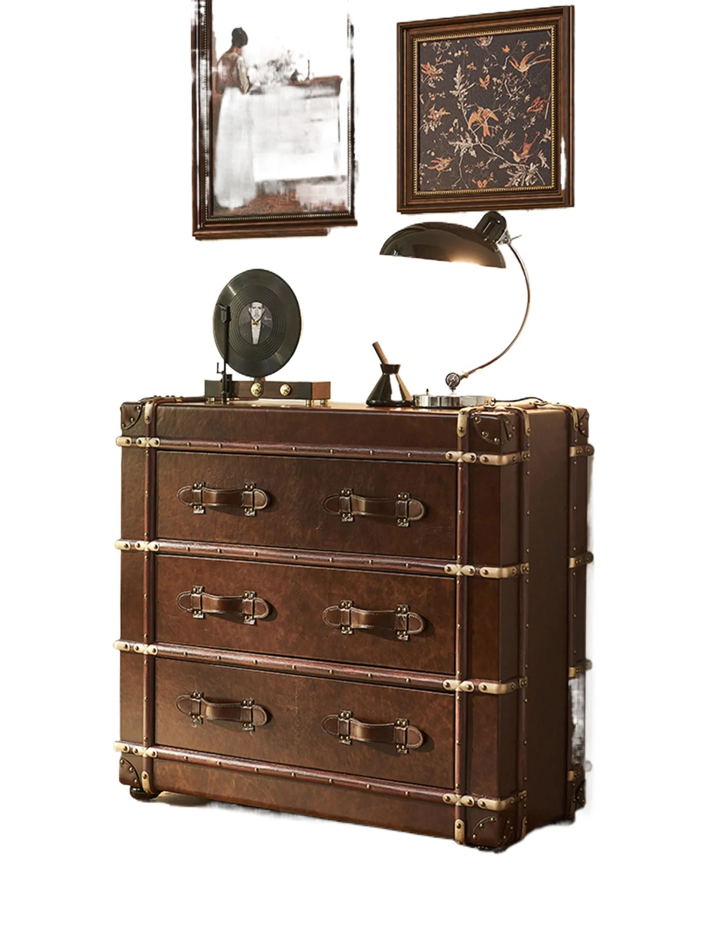 French medieval style bedroom solid wood chest cabinet American retro locker oil wax leather drawer cabinet storage cabinet