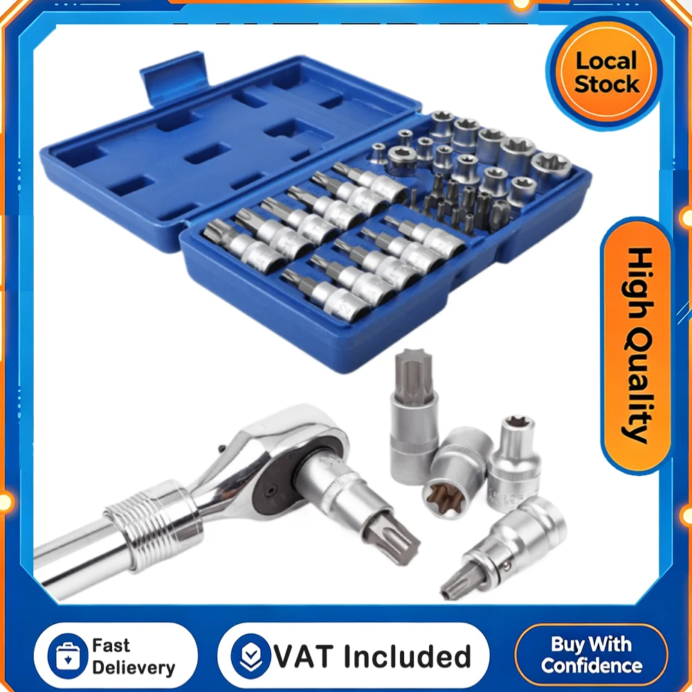 Image of 34-teiliger Torx-Bit- und E-Torx-Sternschlüssel-Set 1/4" 3/8" 1/2" Antrieb Männlich Weiblich E-Torx-Sicherheitsbits Handwerkzeug
