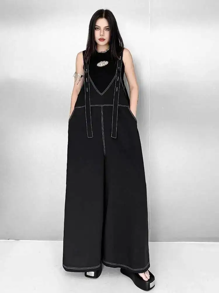

High Waist Black Topstitched Big Size Wide Leg Long Overalls Pants New Trousers Women Fashion Spring Autumn