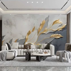 Personalizzato di grandi dimensioni moderno cemento grigio sfondo parete 3D foglia d'oro piuma fiore pittura murale tela per la decorazione del soggiorno