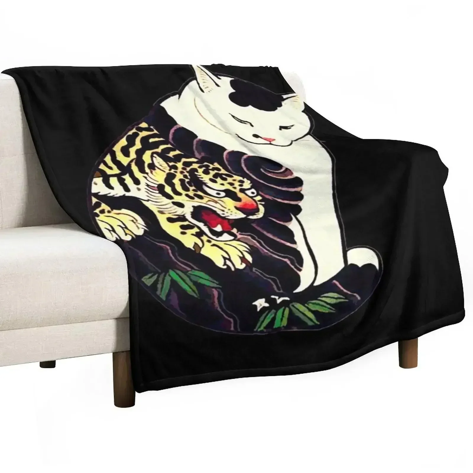 Antique Japanese Woodblock Print Cat with Tiger Tattoo Throw Blanket Warm Accent Blanket for Living Room Decoration