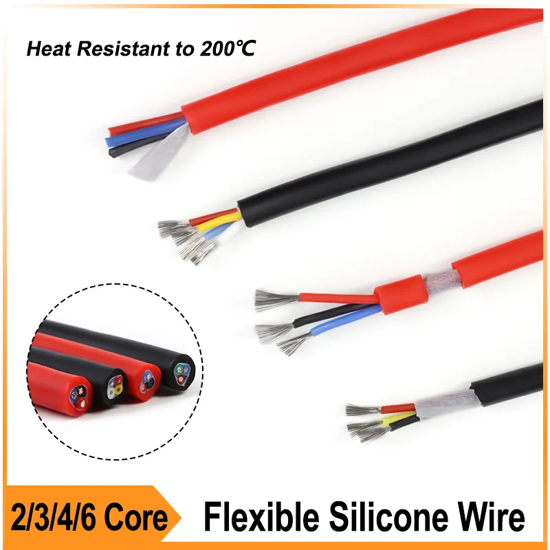 Red Black Flexible Silicone Rubber Wire 2 3 4 6Cores Square 0.3 0.5 0.75 1 1.5 2 2.5 4 6mm High Temperature Power Copper Cable