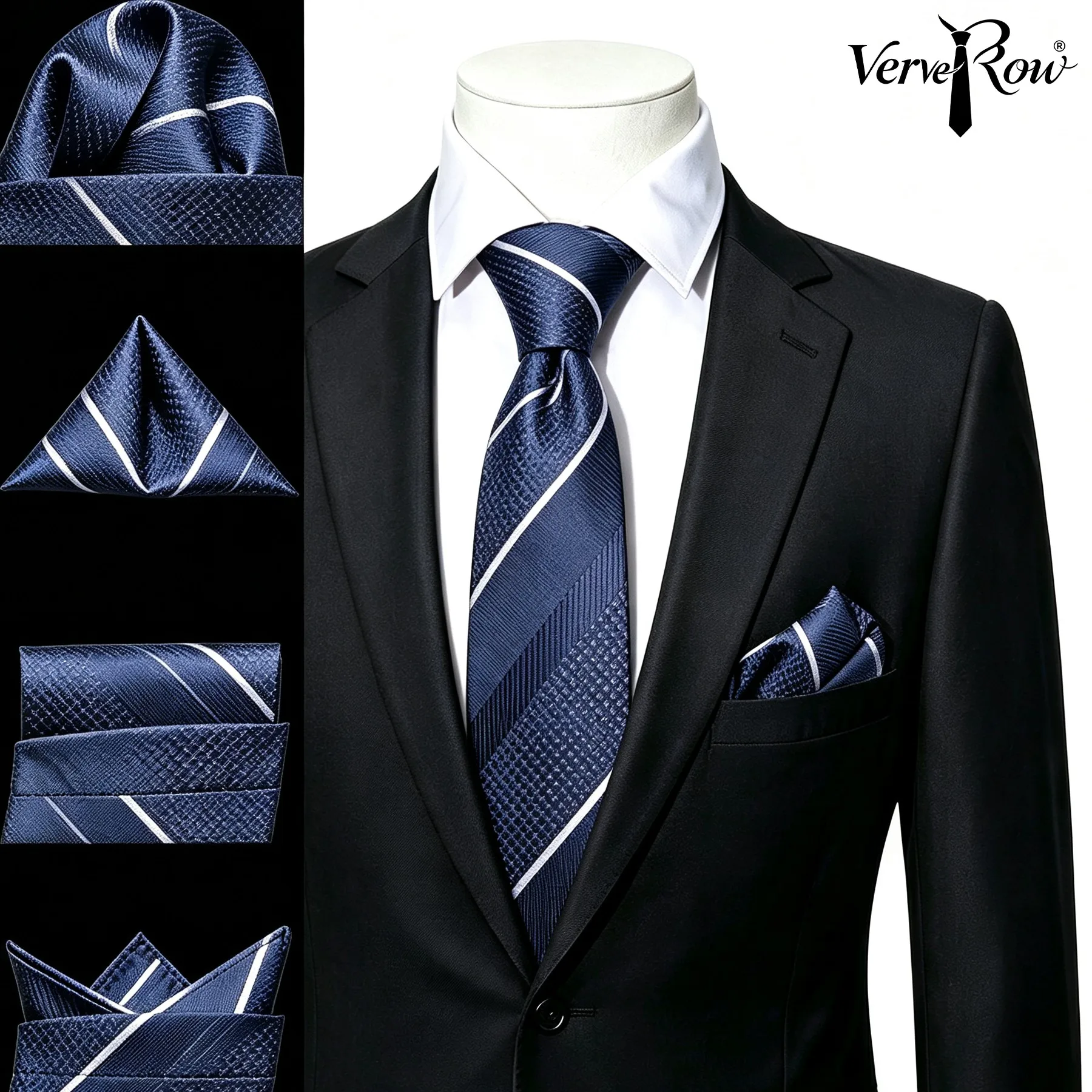 VERVEROW Dark Blue Woven Stripe Necktie Matching Pocket Square Set Men Formal Dress Tie Handkerchief Accessory for Office