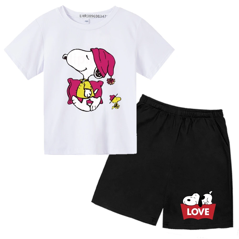 Snoopy Kids Clothes Stylish Party T-Shirts+shorts Set Girls Boys Round Neck Cotton TShirts Black Short Sleeve Summer Tee Shirt