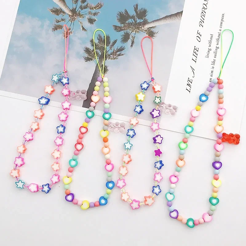 Acrylic Stars Love Bear Phone Chain Lanyard Jewelry for Women Hand Beaded Phone Case Cord Clay Devil Eye Charm Phone Accessories