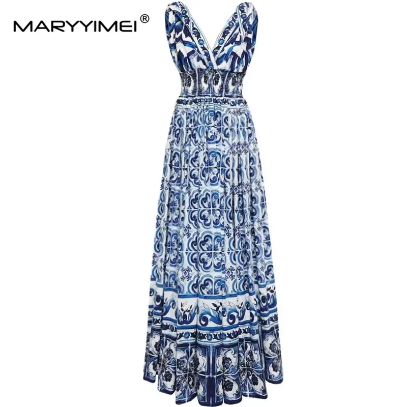 

MARYYIMEI Fashion Designer Summer Cotton Women's dress V-neck Backless white porcelain Print Bohemia Holiday Cotton Dresses